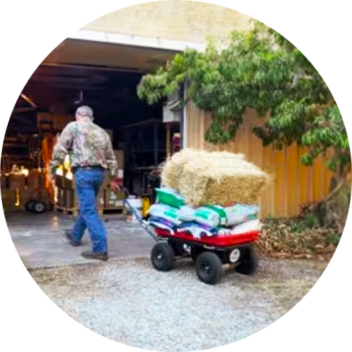Farm cart hauling hay bale and feed bags