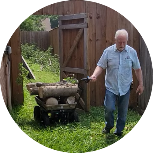 Log-loaded electric cart through backyard gate