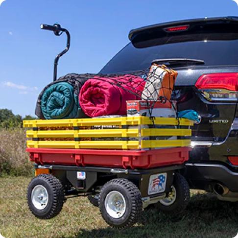 Buffalo Cart hitched to SUV hauling camping gear