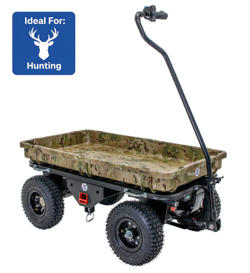 A utility hunting wagon with a camouflage-patterned plastic cargo bed and four rugged off-road tires perfect for hauling hunting gear.
