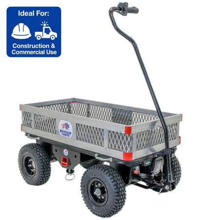 Electric Utility Cart - A silver and black utility cart with a metal mesh bed, four rugged tires, and a black handle perfect for construction and commercial use.