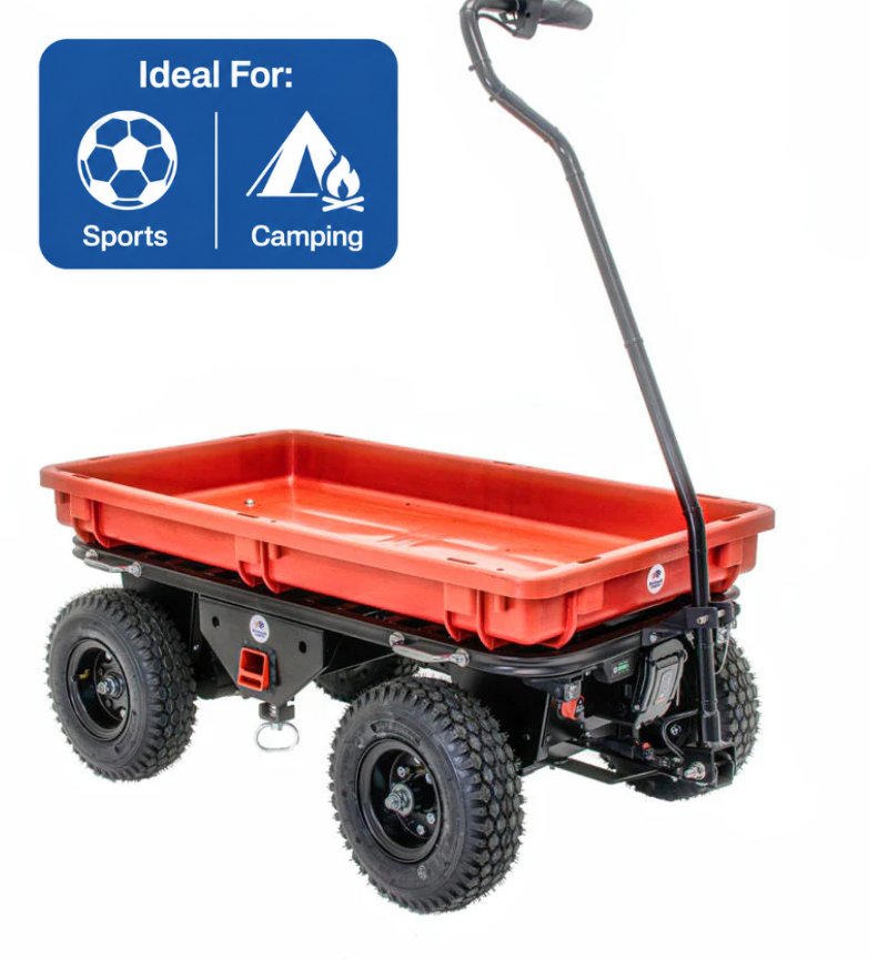 An electric utility wagon with a red plastic cargo bed, black metal frame, and four rugged black tires, perfect for sports and camping use.