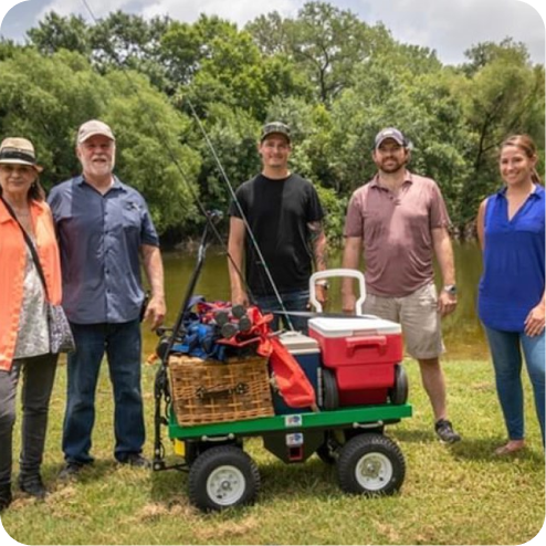 Family fishing trip setup on green Buffalo Cart