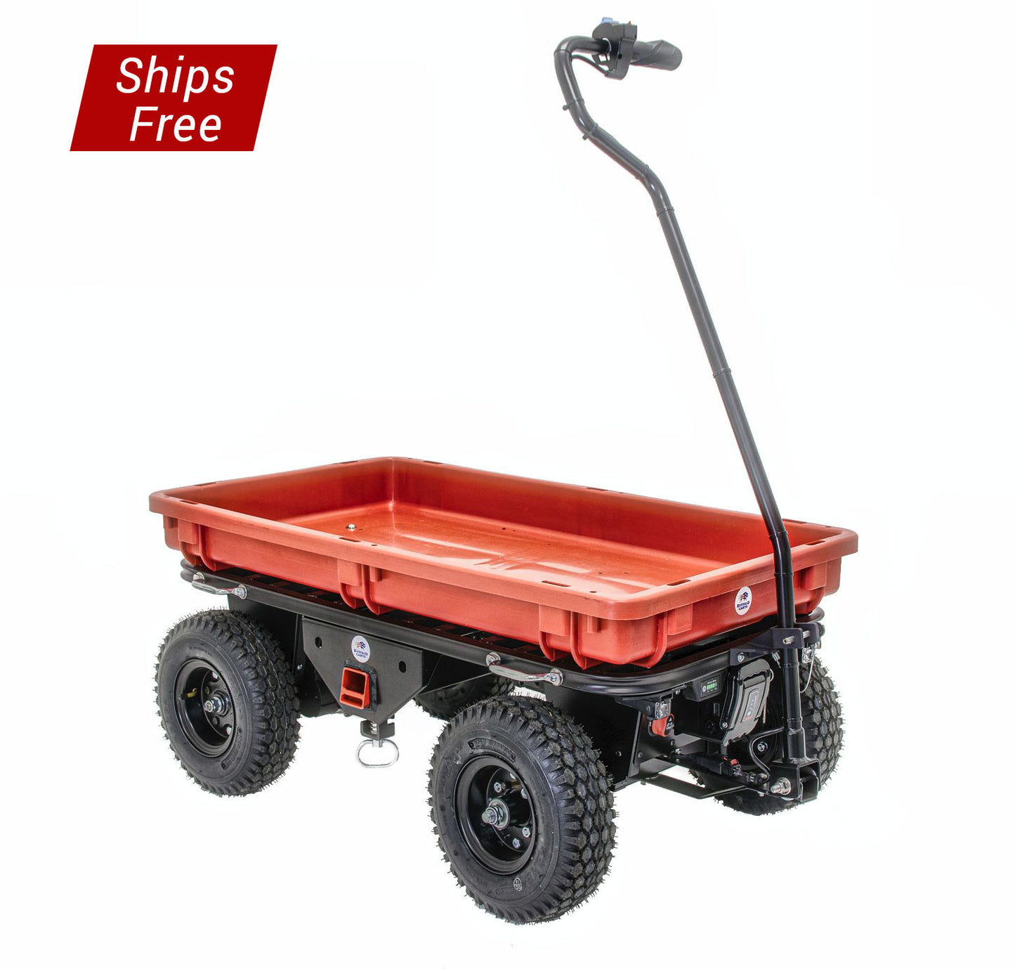 The Utility Battery-Powered cart from Buffalo Carts, including heavy duty construction and red wagon-style tray.