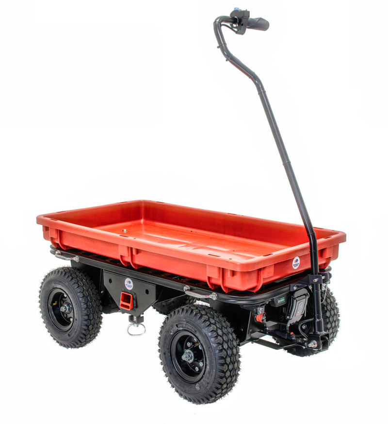 The Utility Battery-Powered cart from Buffalo Carts, including heavy duty construction and red wagon-style tray.